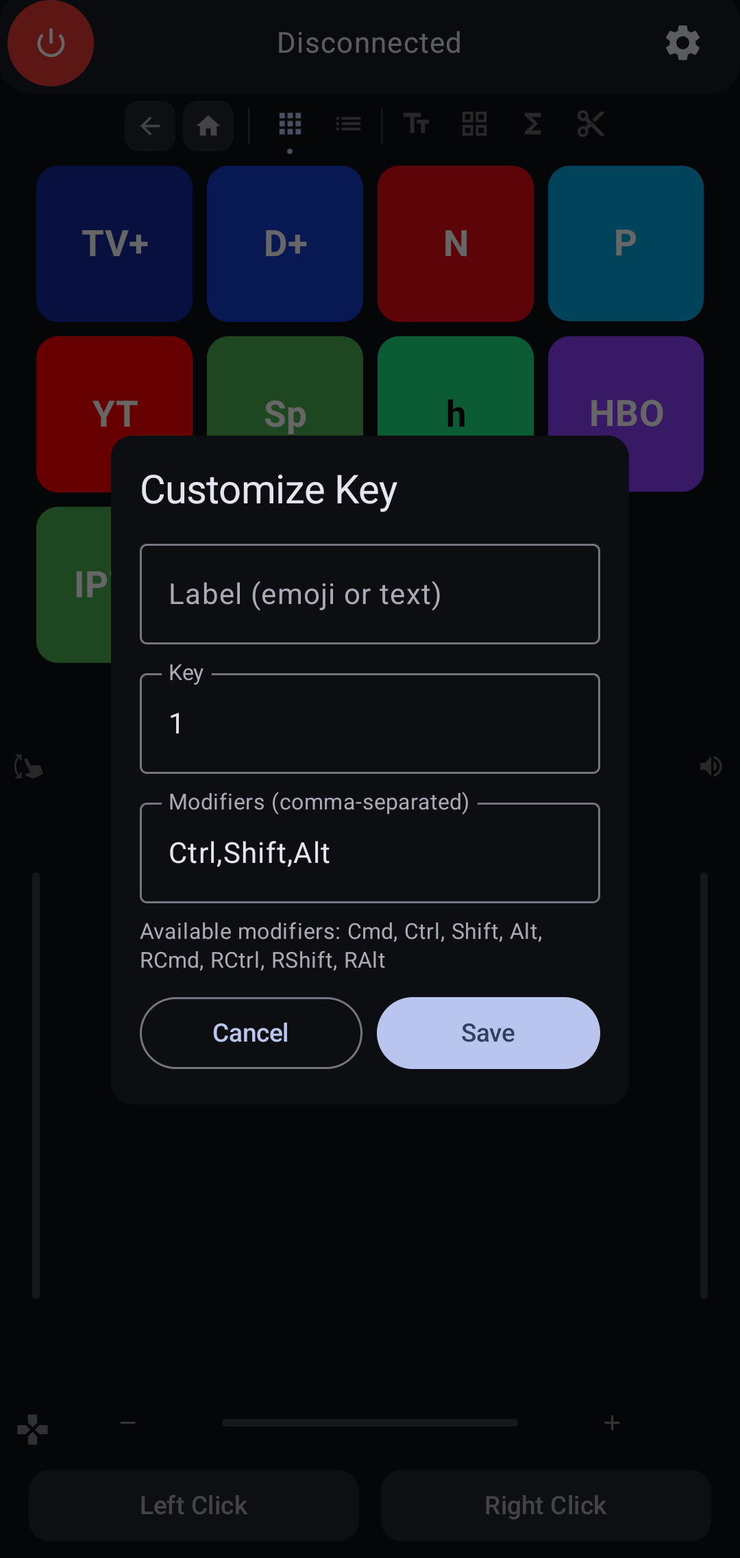 Customization dialog